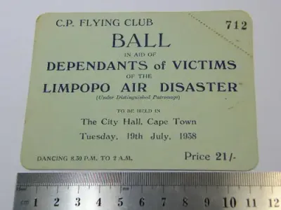 Cape Province Flying Club invitation card to a ball held in aid of Dependants of the victims