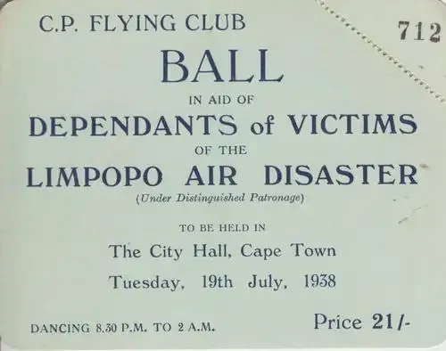 Cape Province Flying Club invitation card to a ball held in aid of Dependants of the victims