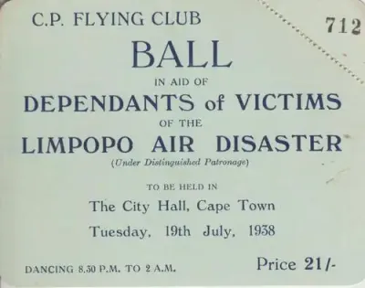 Cape Province Flying Club invitation card to a ball held in aid of Dependants of the victims