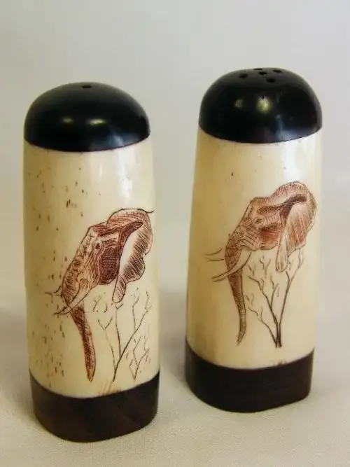 Pair of antique bone &amp; wood salt &amp; pepper shakers with scrimshaw artwork of elephant - as per photo