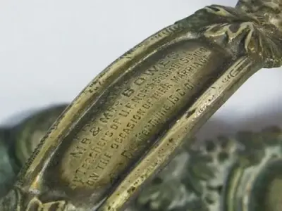 Vintage silverplated EPNS fruit basket presented to Mr and Mrs Bowes by teachers in 1901