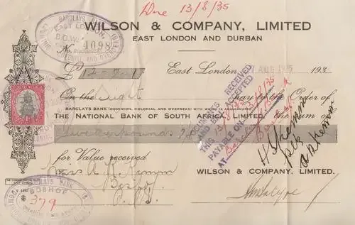 Wilson and Company 1935 statement cheque (promissory note) - National Bank of SA (Barclays)