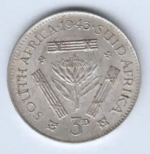 SAU Silver 1943 threepence EF - cracked die