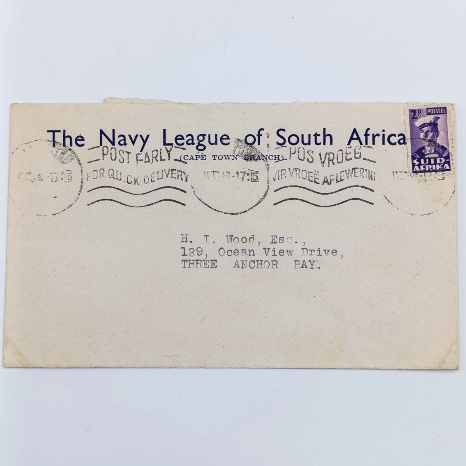 1946 Navy League of South Africa cover with Purple Navy Seaman stamp