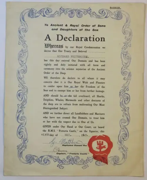Certificate for the crossing of the Equator dated 6th of May 1949