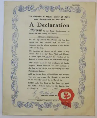 Certificate for the crossing of the Equator dated 6th of May 1949