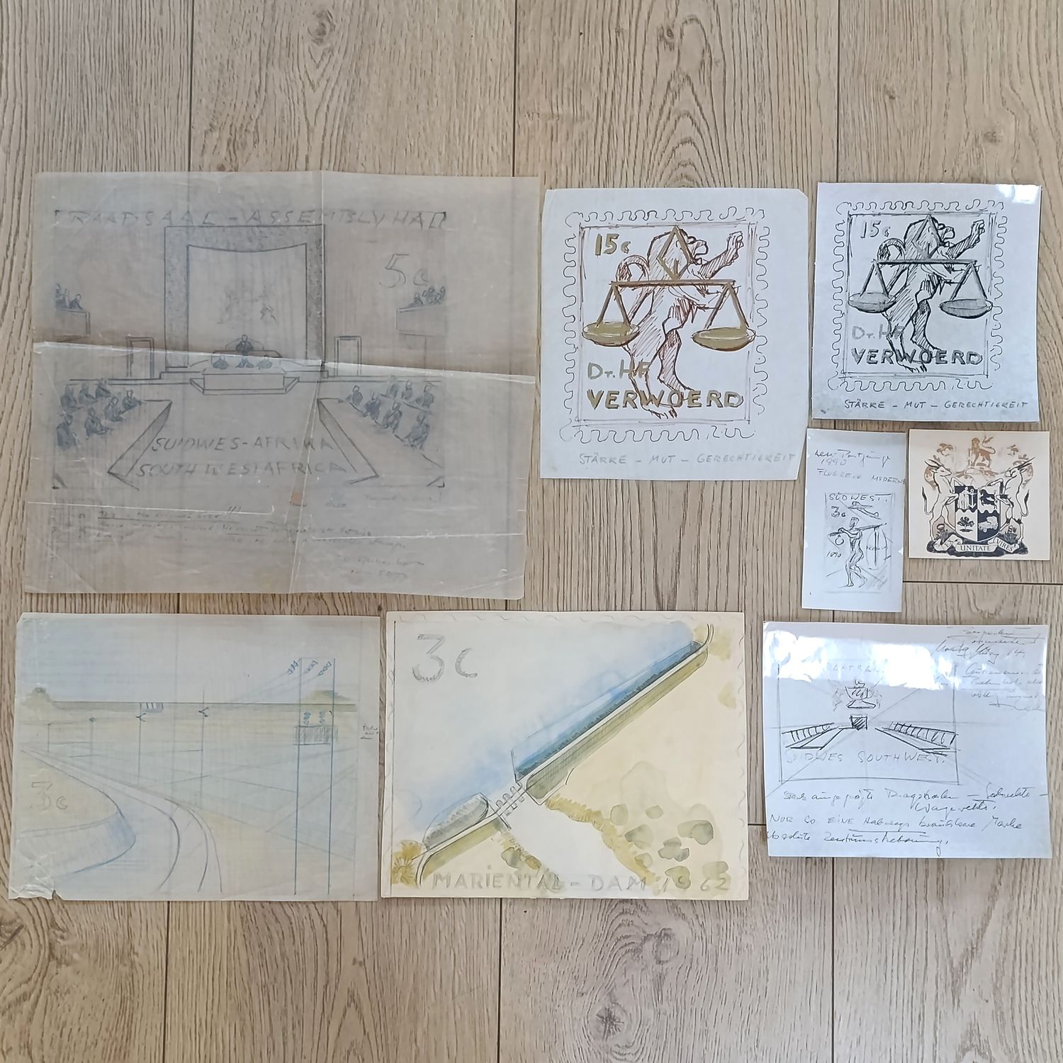 Lot of artist impression for stamps of South West Africa done in a period of 1962-1964 Done by D. Aschenbaum