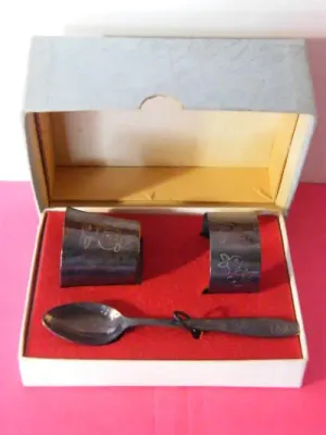 Vintage Silverplated Children`s egg serving set with bunnies in original box