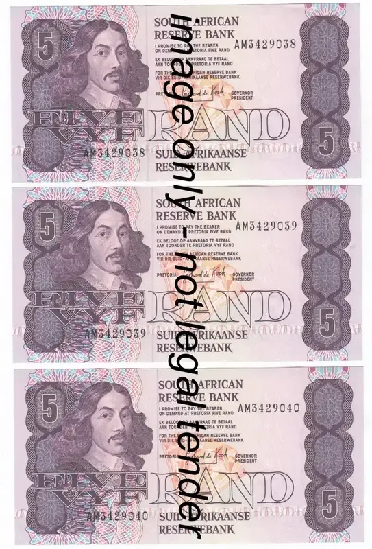 GPC de Kock Lot of 3 Consecutive numbered UNC R5 notes - 3rd Issue