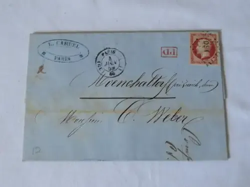 1859 Postal cover Paris, France to Switzerland with PD cancel - Excellent condition