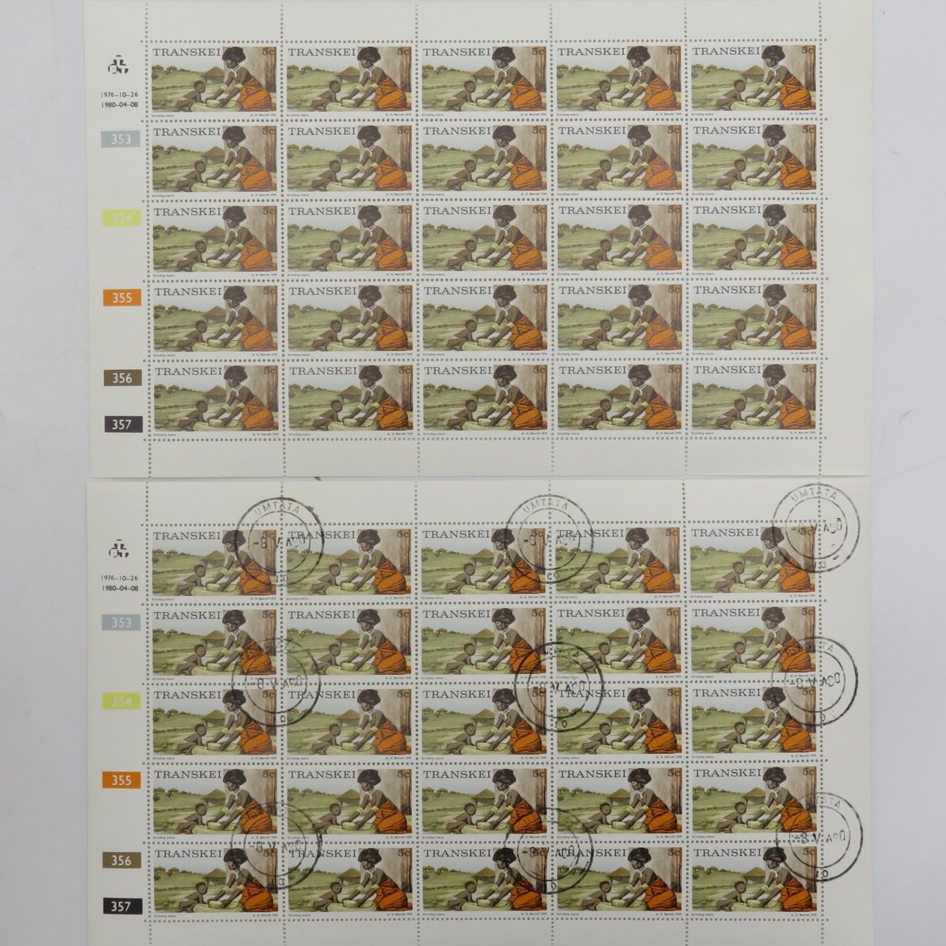 Transkei - SACC 9a Full Sheets in mint and used - 353/354/355/356/357