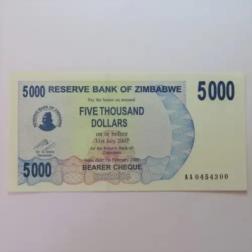 Zimbabwe Bearer cheque issued 1/2/2007 uncirculated $5000 AA0454300 ZW 77