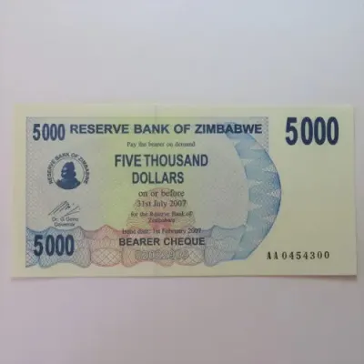 Zimbabwe Bearer cheque issued 1/2/2007 uncirculated $5000 AA0454300 ZW 77