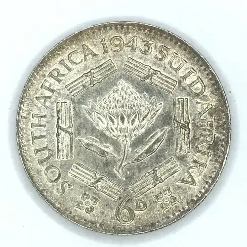 1943 SA Union Sixpence - AU cracked die