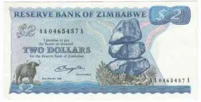 Zimbabwe two dollars 1980 banknote AU - AA series