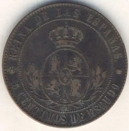 1868 Spain 5 centimos de Escudo - Isabel II