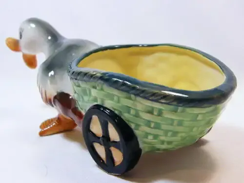Vintage hand painted porcelain duck and cart flower pot - as per photo
