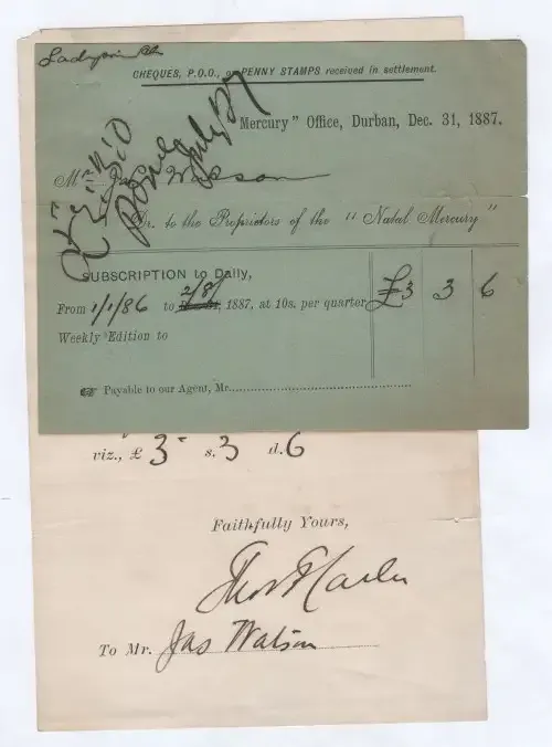 Invoice and letter of demand for the amount of £3/3-6 payable to the Natal Mercury for 18 months