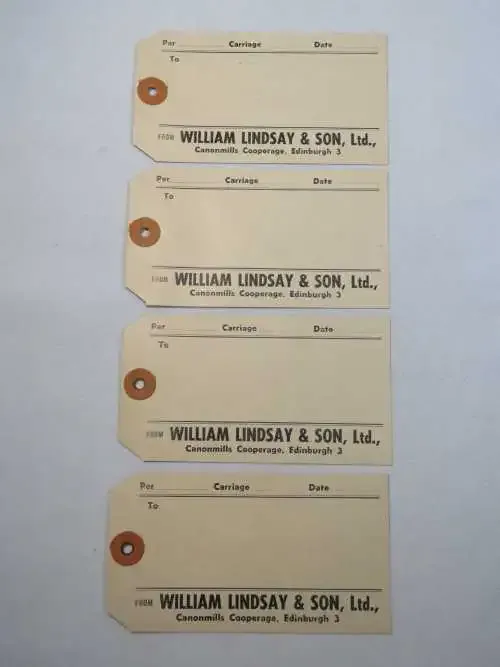 Lot of 4 William Lindsay and Son, Ltd. Canonmills cooperage parcel lables - Unused