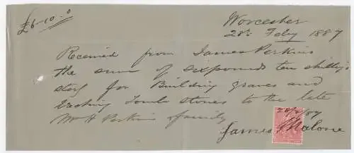 Receipt 28 Feb 1887 for £6-10-0 to build the tombstone of Mr. H. Perkins-Issued by James Malone