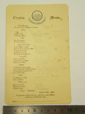 Blue Funnel Line cryptic menu - 1932 - some foxing - as per photo