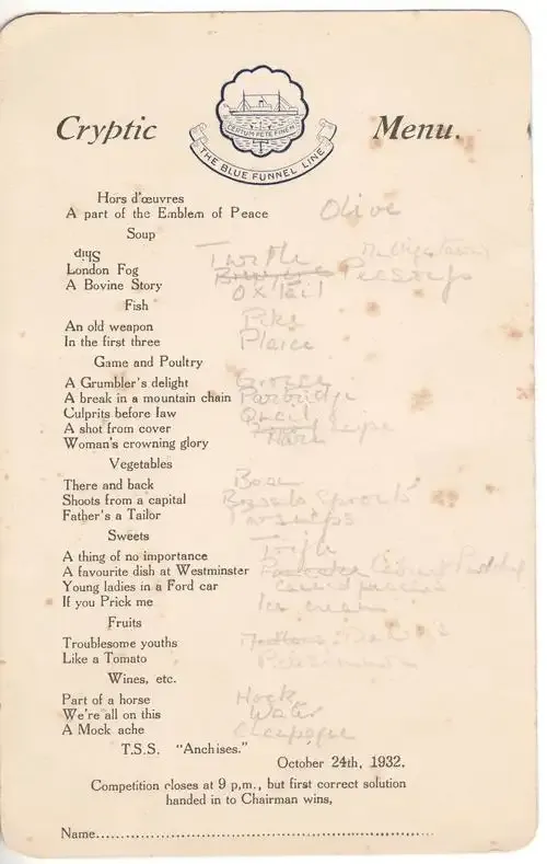 Blue Funnel Line cryptic menu - 1932 - some foxing - as per photo