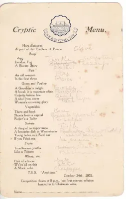 Blue Funnel Line cryptic menu - 1932 - some foxing - as per photo