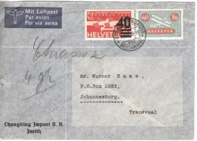Postal history - Airmail cover from Zurich Switzerland to Johannesburg South Africa 1938