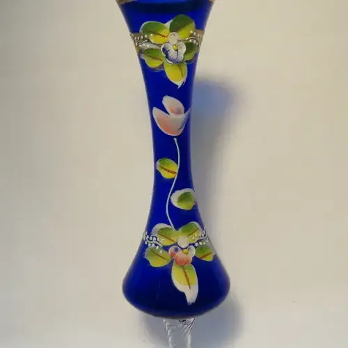 Bohemian Cobalt blue glass flower vase with gold trimming and applied flowers