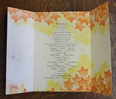 OSK Line 1938 Dinner menu for MS `LA PLATA MARU`