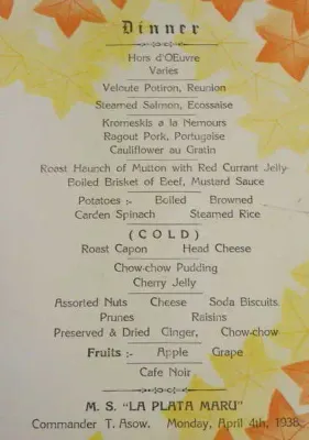 OSK Line 1938 Dinner menu for MS `LA PLATA MARU`