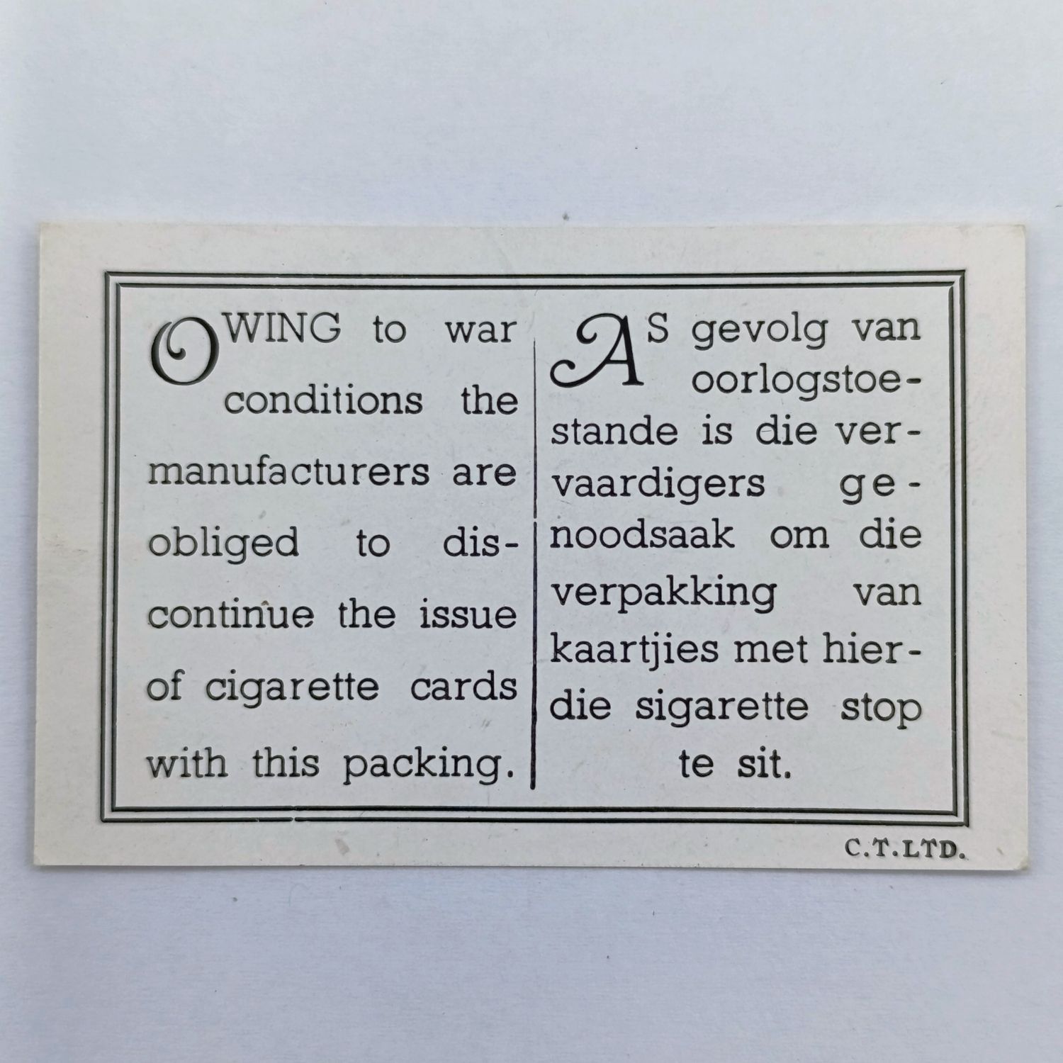 Cigarette Card issued in WW2 when it was illegal to print pictures of war machines