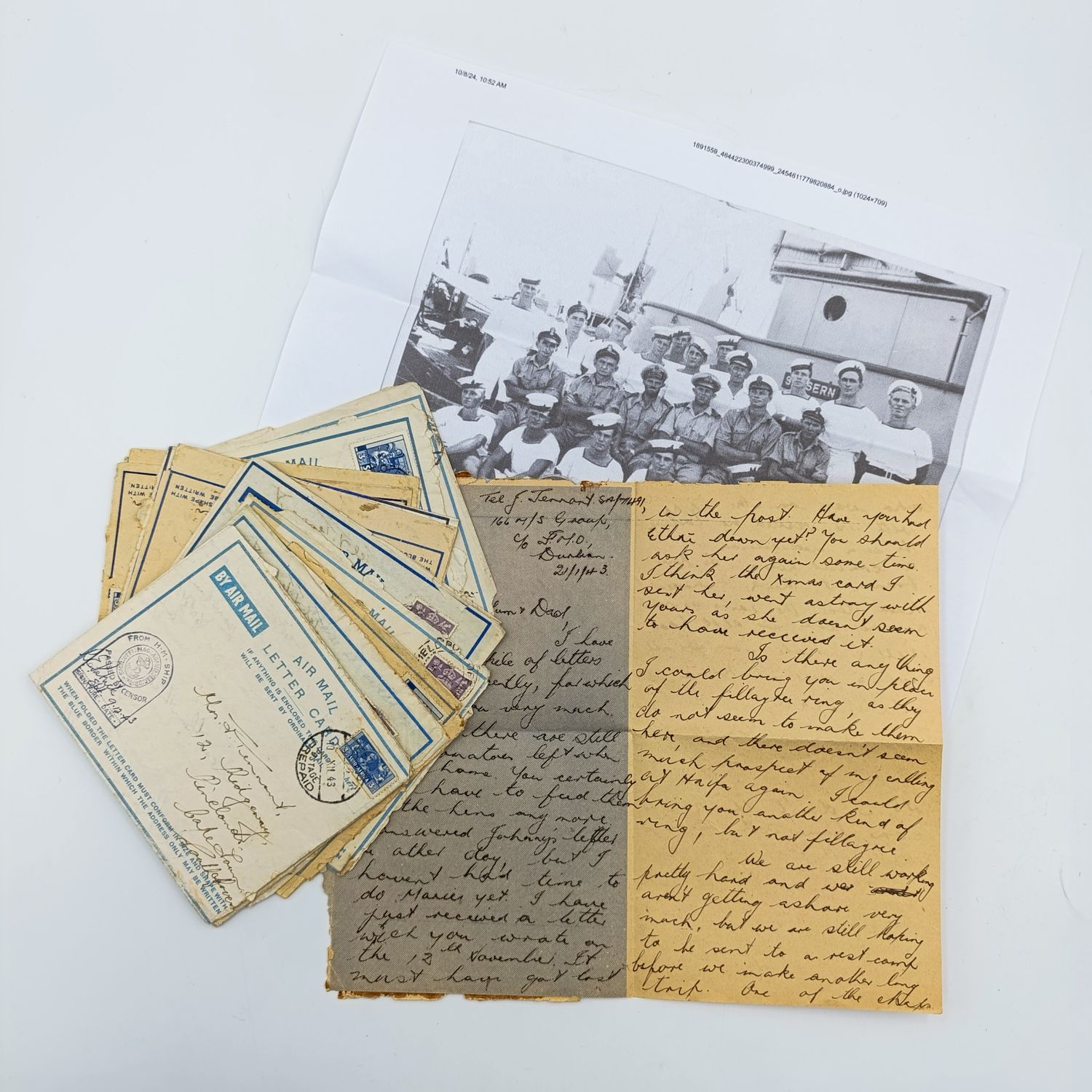 Lot of 15 WW2 period letter cards sent by Joe Tennant who was stationed on the HMSAS Seksern (a minesweeper) to his mother and father in Pinelands - printed photo of crew in 1944