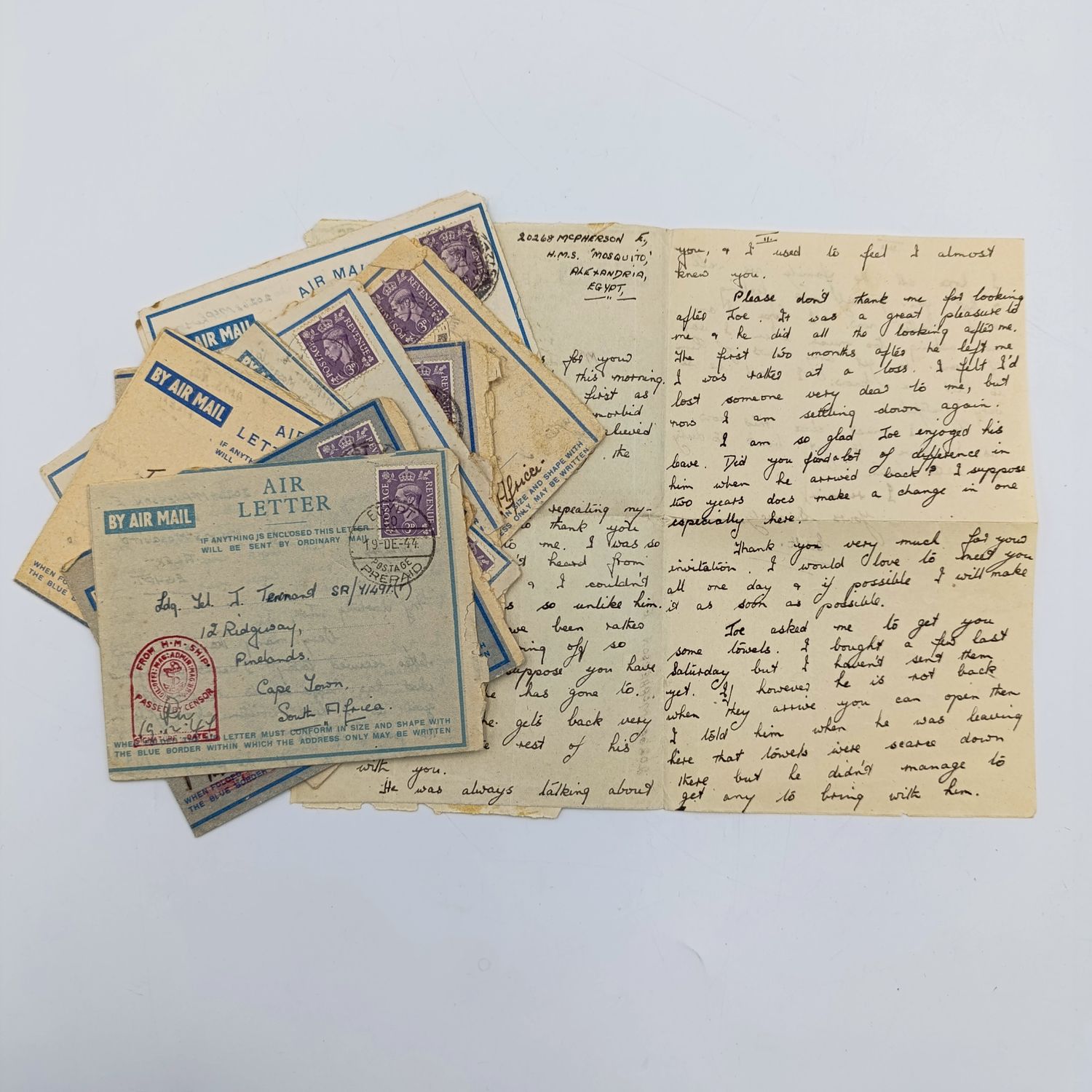 Lot of 7 WW2 1944 letters sent to Joe Tennant (the back in SA but previously on the HMSAS Seksern minesweeper) by Edith McPherson