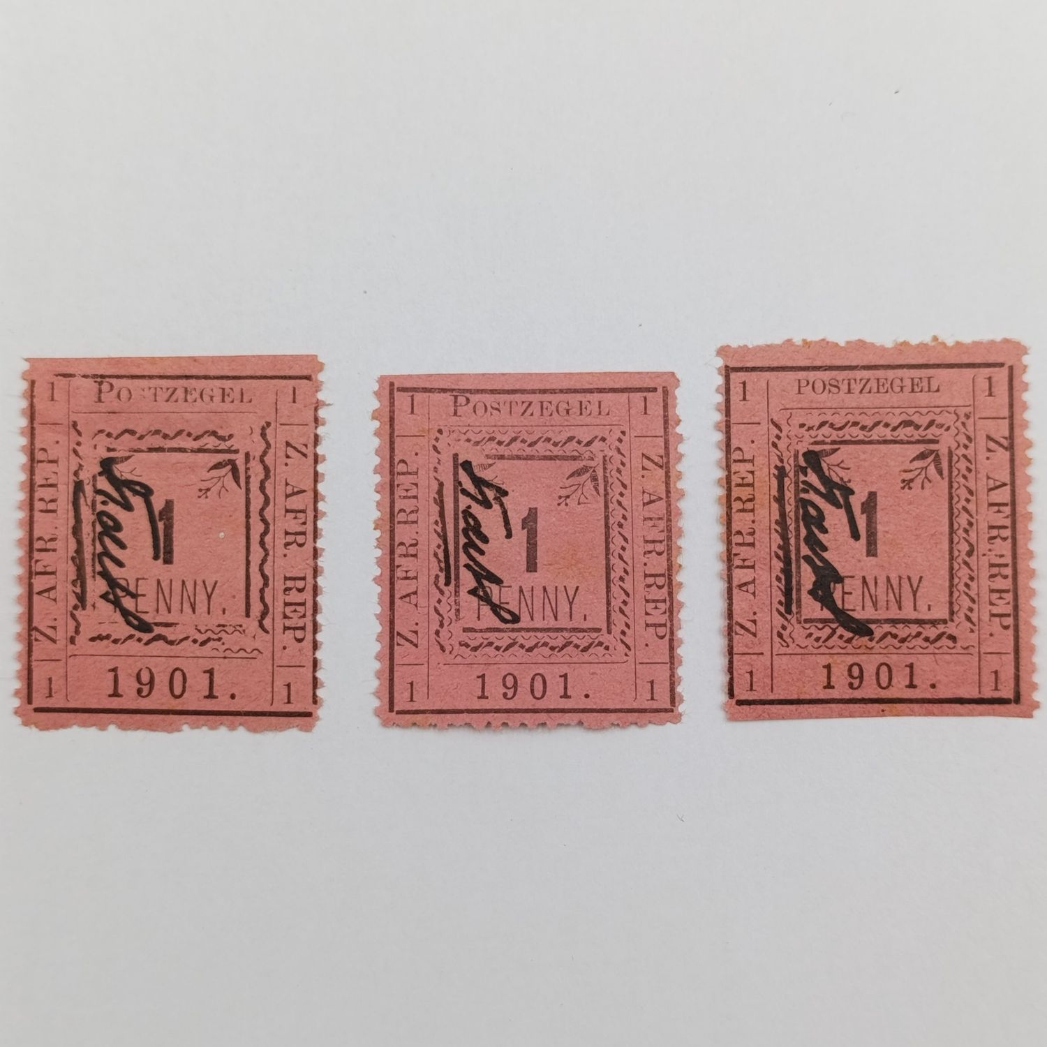 Set of 3 ZAR Pietersburg 1 Penny stamps - All 3 perforated types with controller&#39;s initials in black - SACC 25,26 and 27