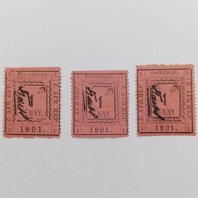 Set of 3 ZAR Pietersburg 1 Penny stamps - All 3 perforated types with controller&#39;s initials in black - SACC 25,26 and 27
