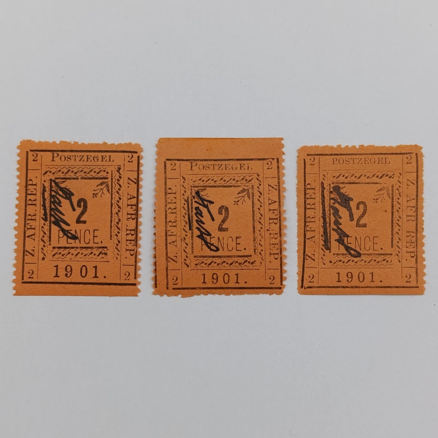 Set of 3 ZAR Pietersburg 2 Pence stamps - All 3 perforated types with controller&#39;s initials in black - SACC 28,29 and 30