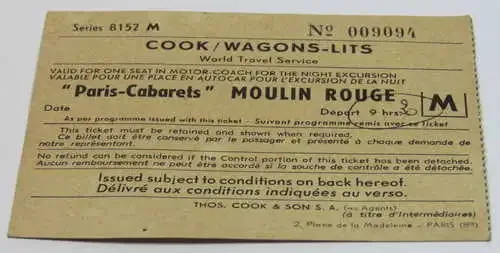 Vintage Cook/Wagons - Lits Railways ticket stub for `Paris-Cabarets` Moulin Rouge show transport