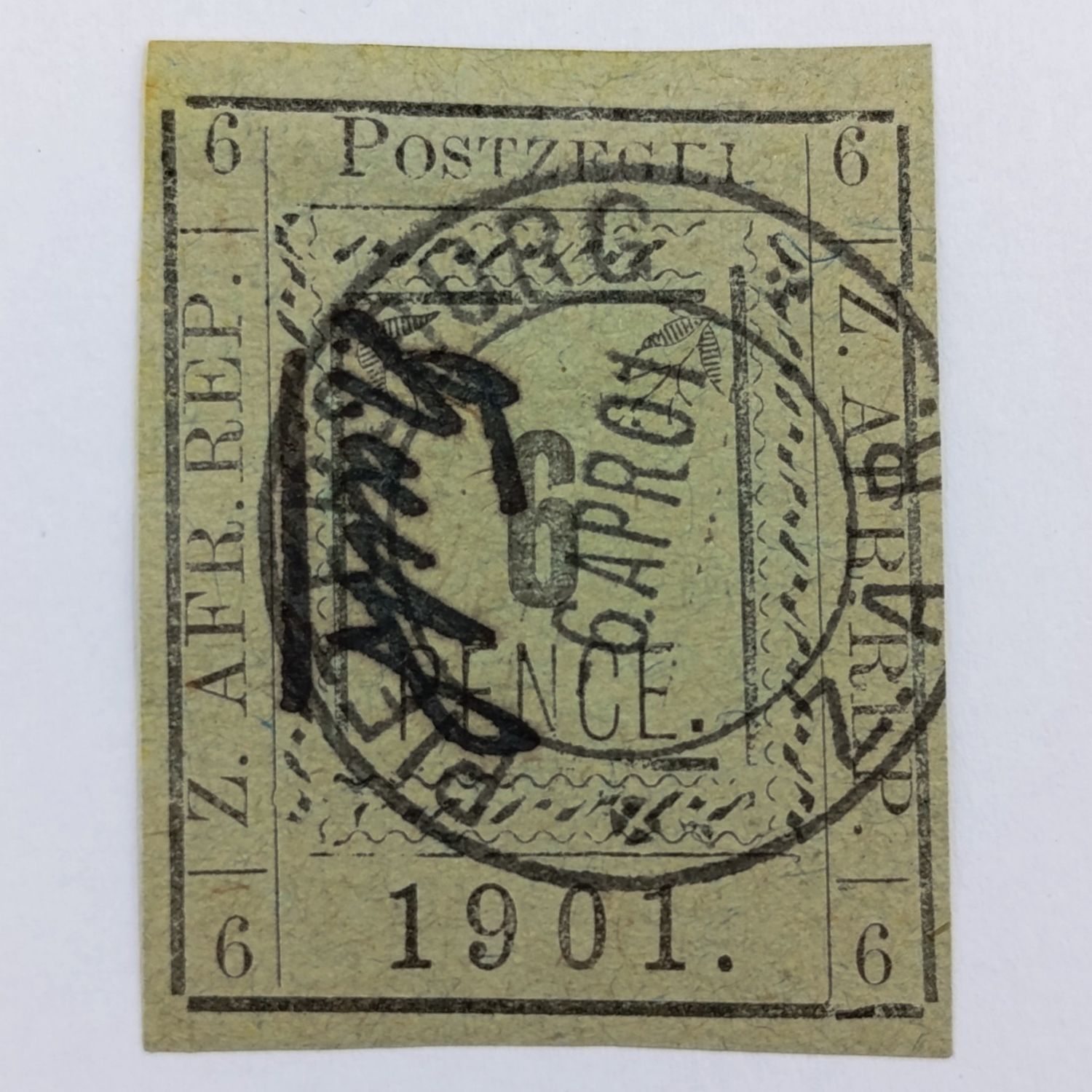 1901 ZAR Pietersburg type 1 imperforate 6 Pence stamp with controller&#39;s initials in black - used 6 April 1901 Pietersburg - SACC 13