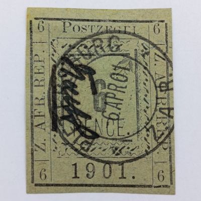 1901 ZAR Pietersburg type 1 imperforate 6 Pence stamp with controller&#39;s initials in black - used 6 April 1901 Pietersburg - SACC 13