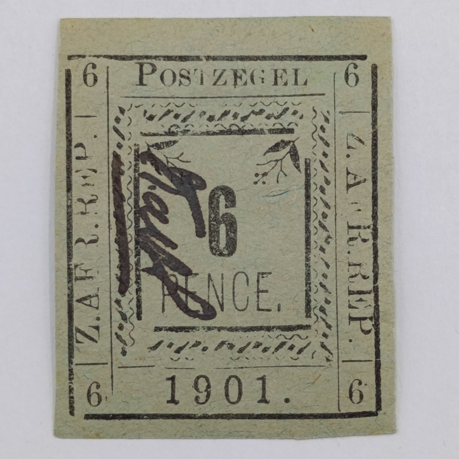 1901 ZAR Pietersburg type 2 imperforated 6 Pence stamp with controller&#39;s initials in black - mint - SACC 14