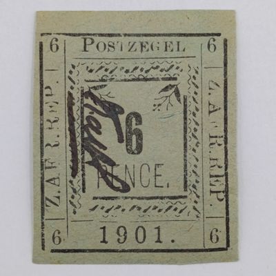 1901 ZAR Pietersburg type 2 imperforated 6 Pence stamp with controller&#39;s initials in black - mint - SACC 14