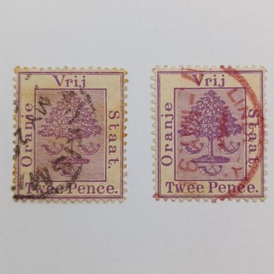 2x Free State Twee Pence stamps cancelled in black and red brown