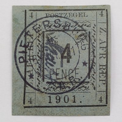 1901 ZAR Pietersburg type 3 used 4 pence stamp with wide &quot;4&quot; - SACC 12 - used at Pietersburg