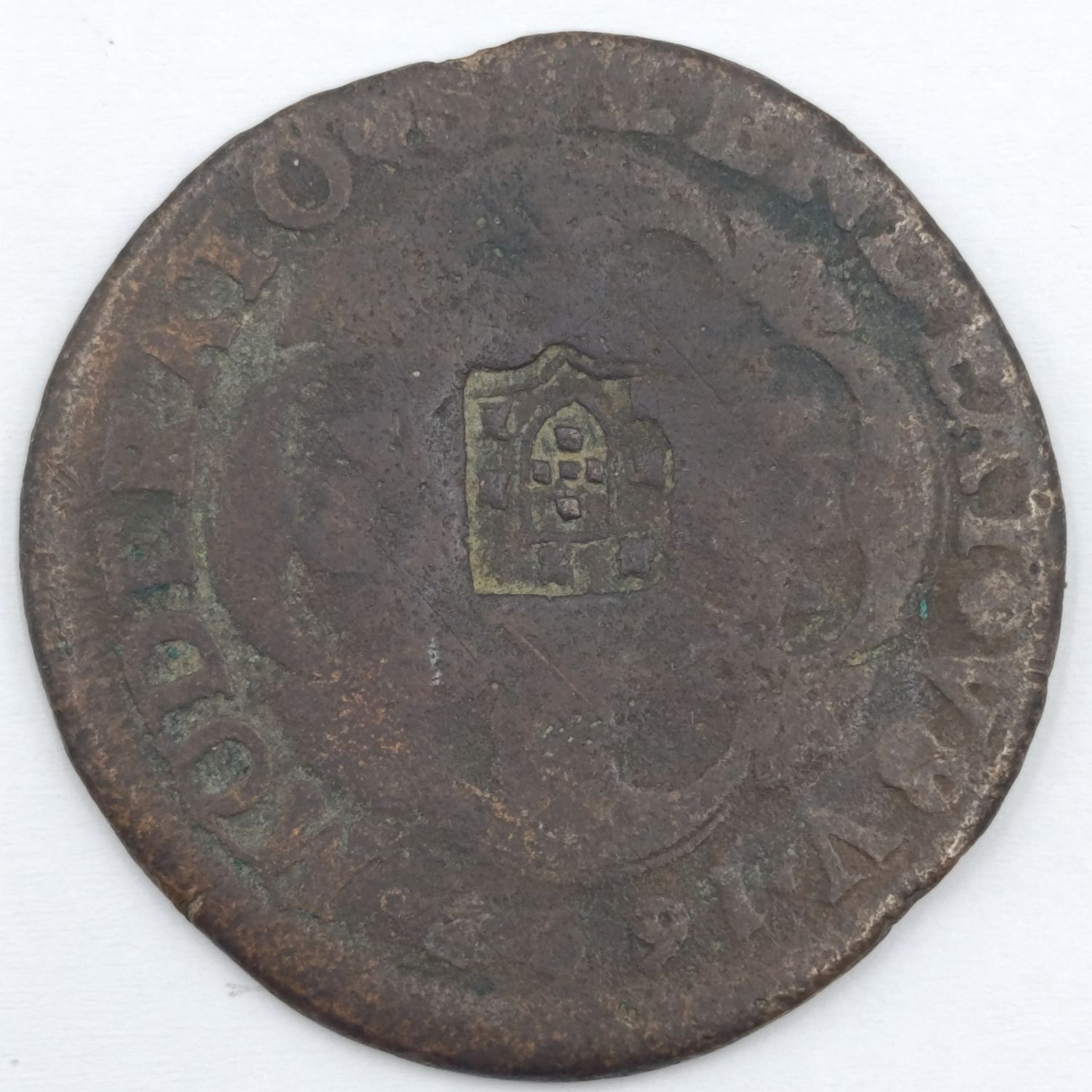 1697 Angola XX, Reis - Pedro II - Well worn - Overstamped with Portuguese coat of arms