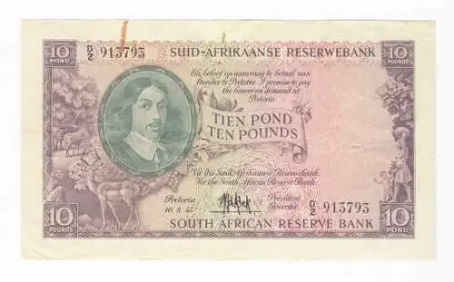 1955 M H de Kock ten pound note - excellent with fold marks and some rust
