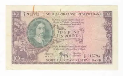 1955 M H de Kock ten pound note - excellent with fold marks and some rust