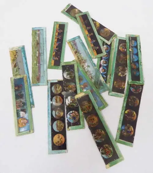 Lot of 15 small antique glass slides including 3 broken slides