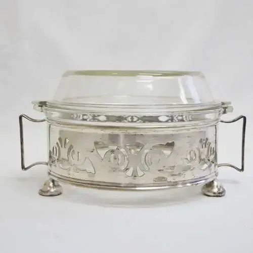 Vintage Pyrex glass bowl in silver plated surround - Yeoman plate