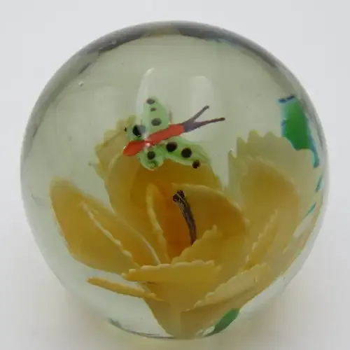 Vintage Lampwork handmade glass paperweight with flower and butterfly
